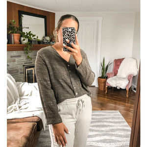 VINTAGE | Women's Large Brown Textured Gauze Knit Button Down Long Sleeved Top